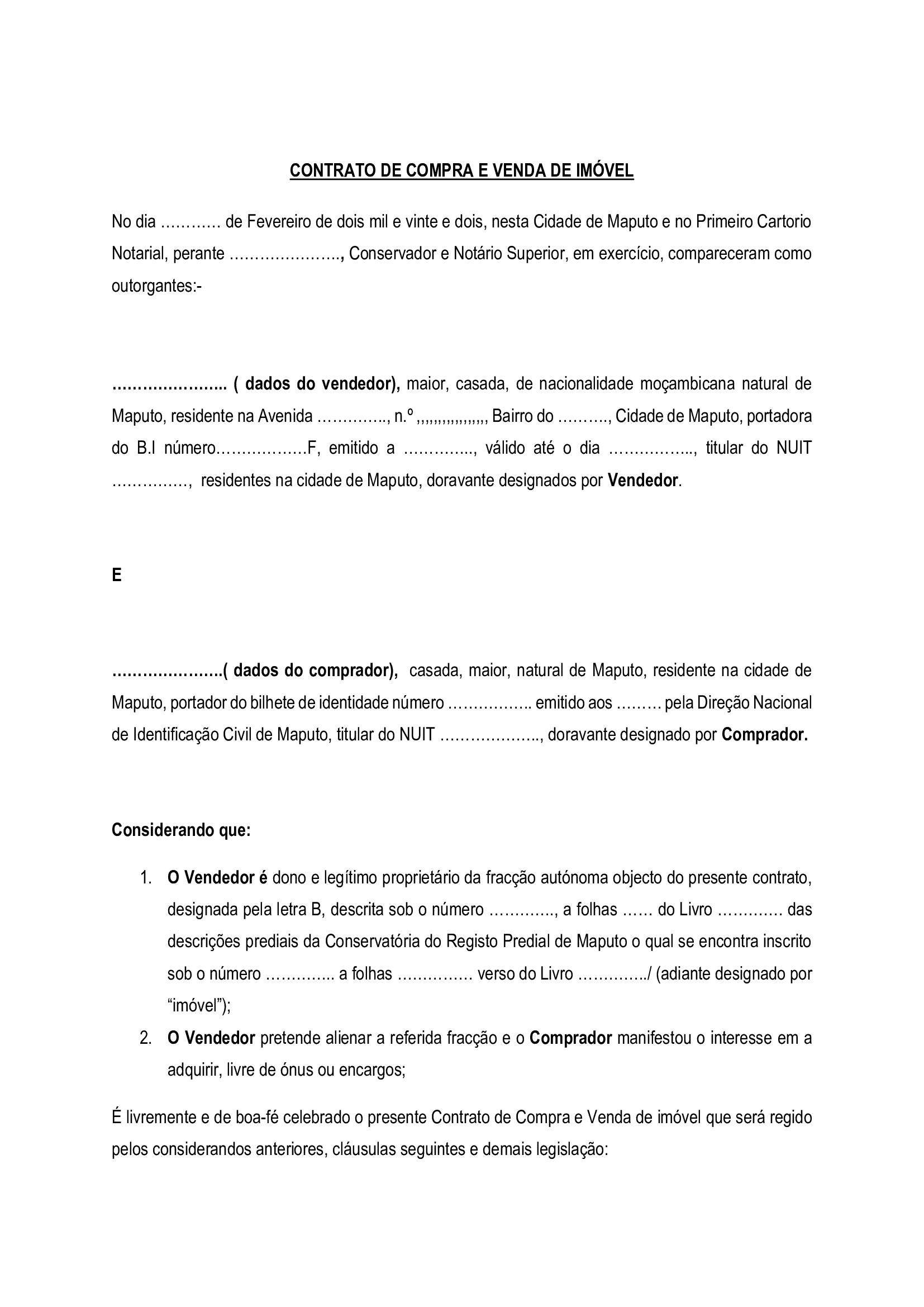 Contrato de compra e venda de imóvel em Moçambique